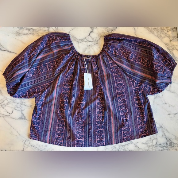 BNWT NATALIE MARTIN Voluminous Paisley Stripe Cotton Top XL Navy/Pink/Gray - Picture 9 of 16